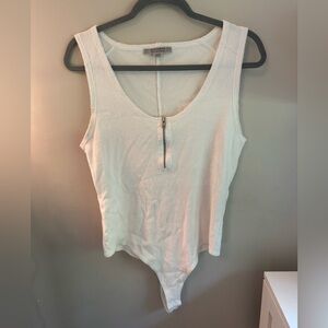 All Saints White Ribbed Tank Bodysuit with Zipper Detail